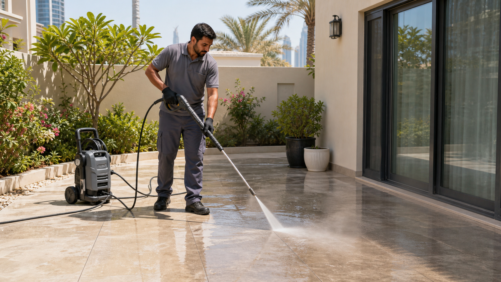 cleaner pressure washing a Dubai villa patio with outdoor tiles