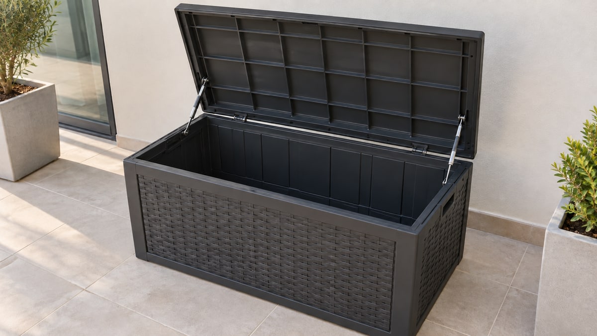 Open outdoor storage box showing its empty interior and supported hinged lid