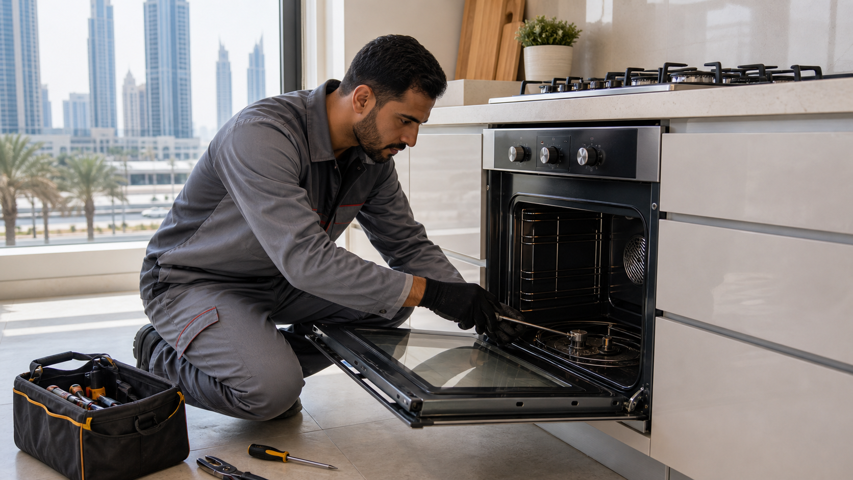 technician inspecting a built-in oven and stovetop repair in a Dubai kitchen