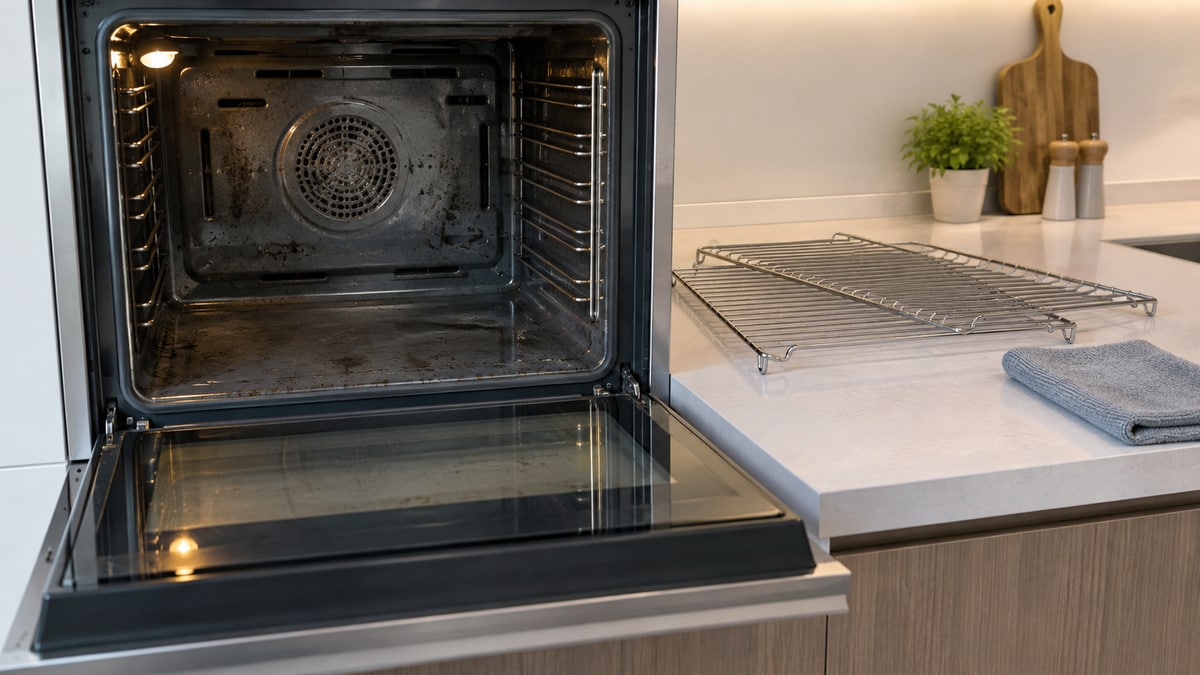 Open oven cavity with removable racks resting on the adjacent kitchen counter