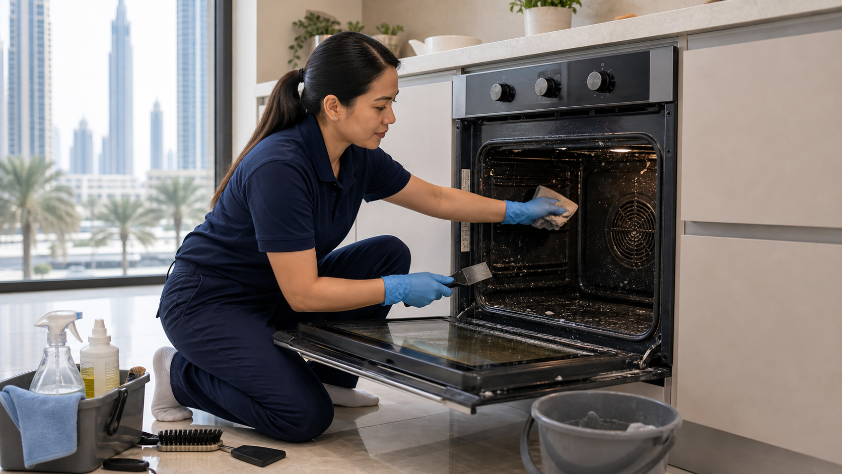 female cleaner deep cleaning a built-in oven in a Dubai kitchen