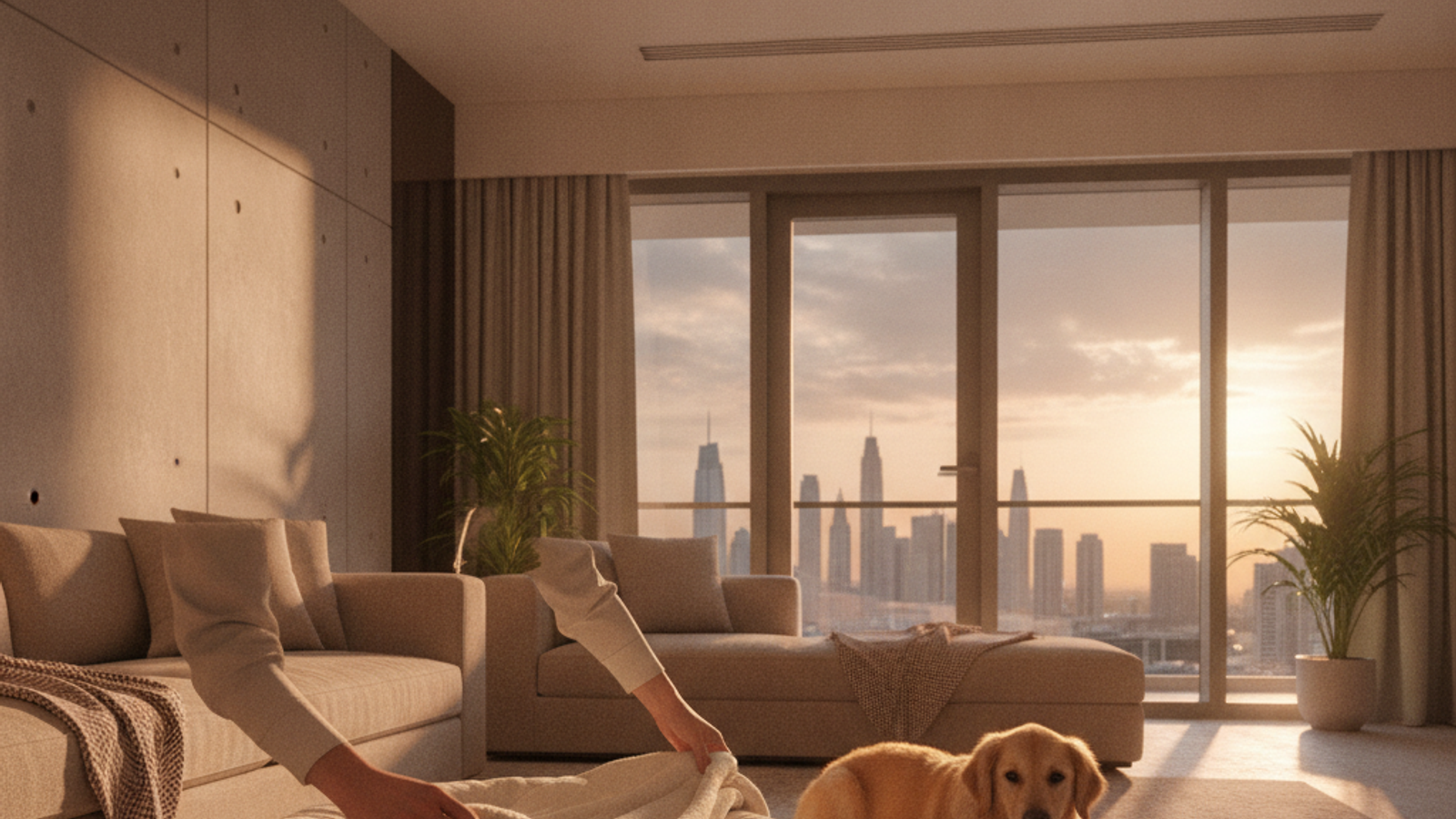overnight pet sitter preparing a cozy pet bed in a Dubai home