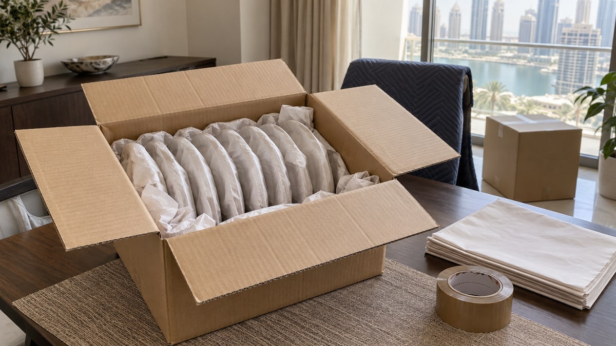 Individually paper-wrapped plates arranged upright in a packing carton