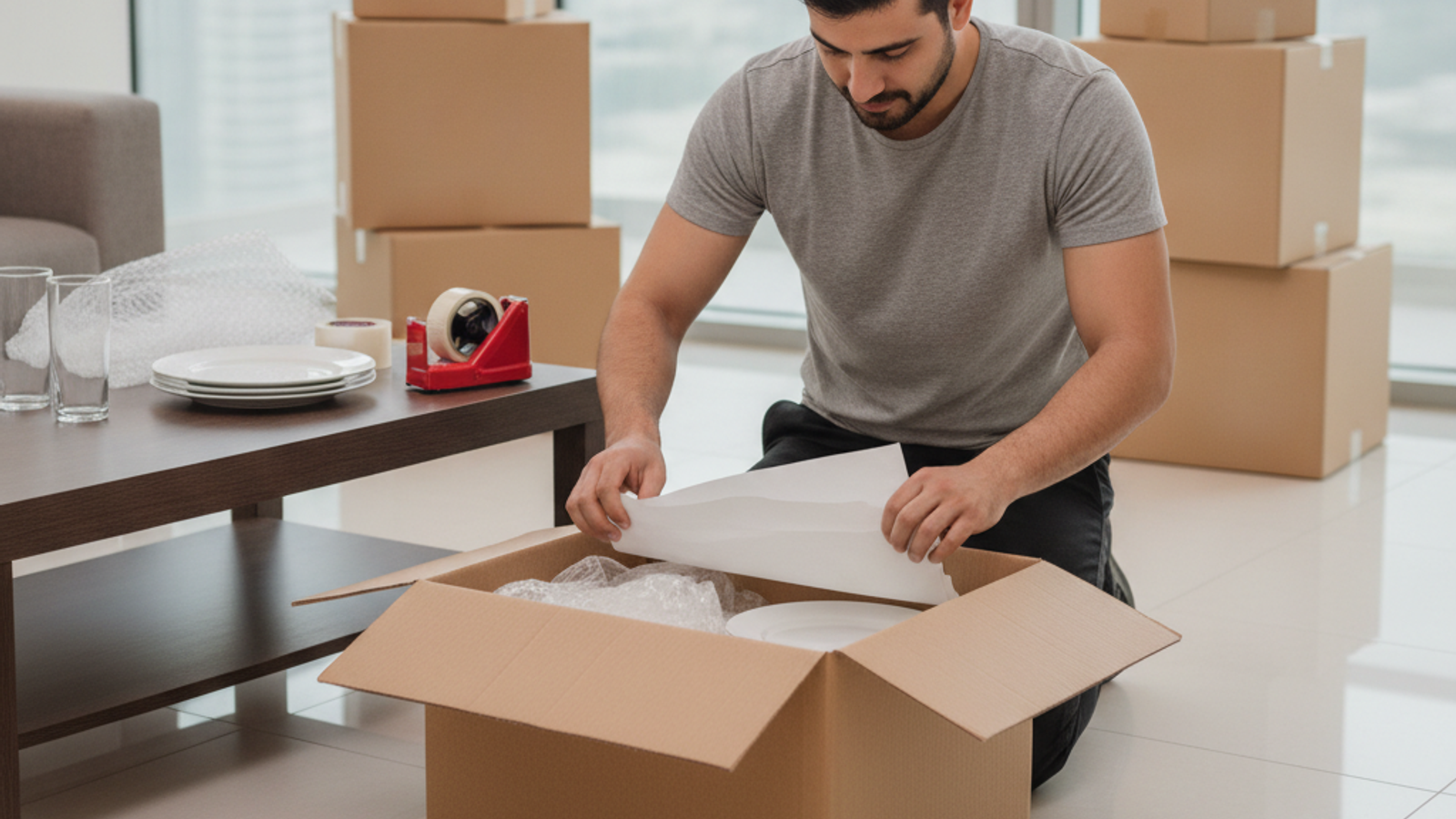 mover packing fragile kitchen items in a Dubai apartment