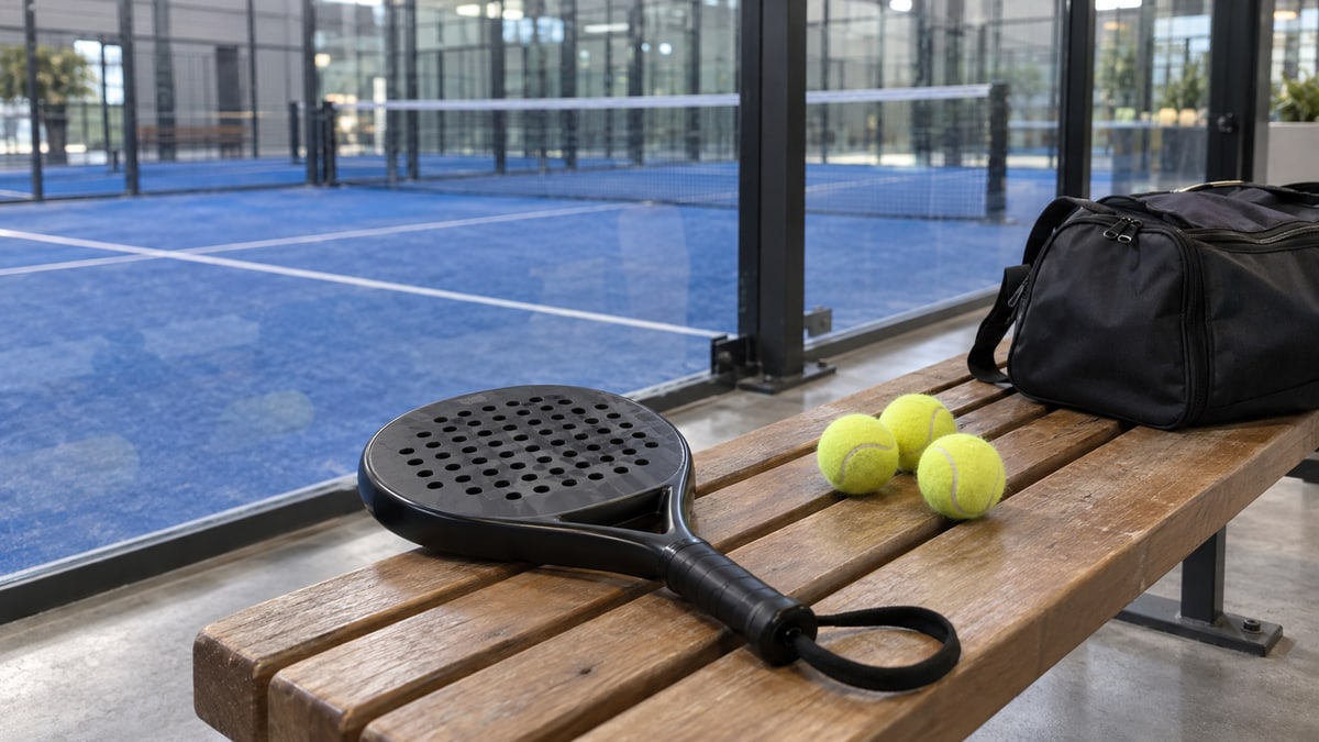 Padel racket with wrist strap and three balls on a bench outside a glass-walled court