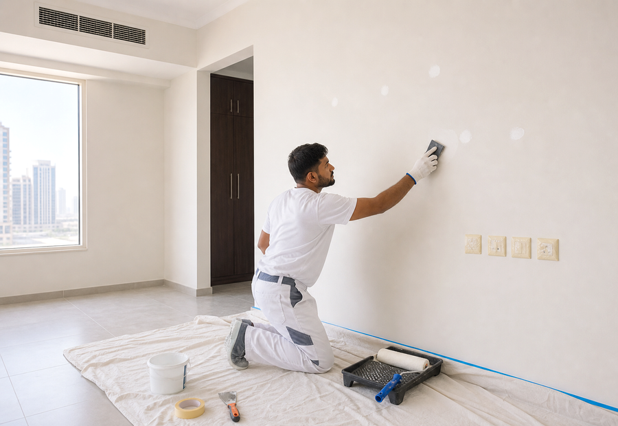 Dubai apartment painter filling and sanding wall marks before repainting