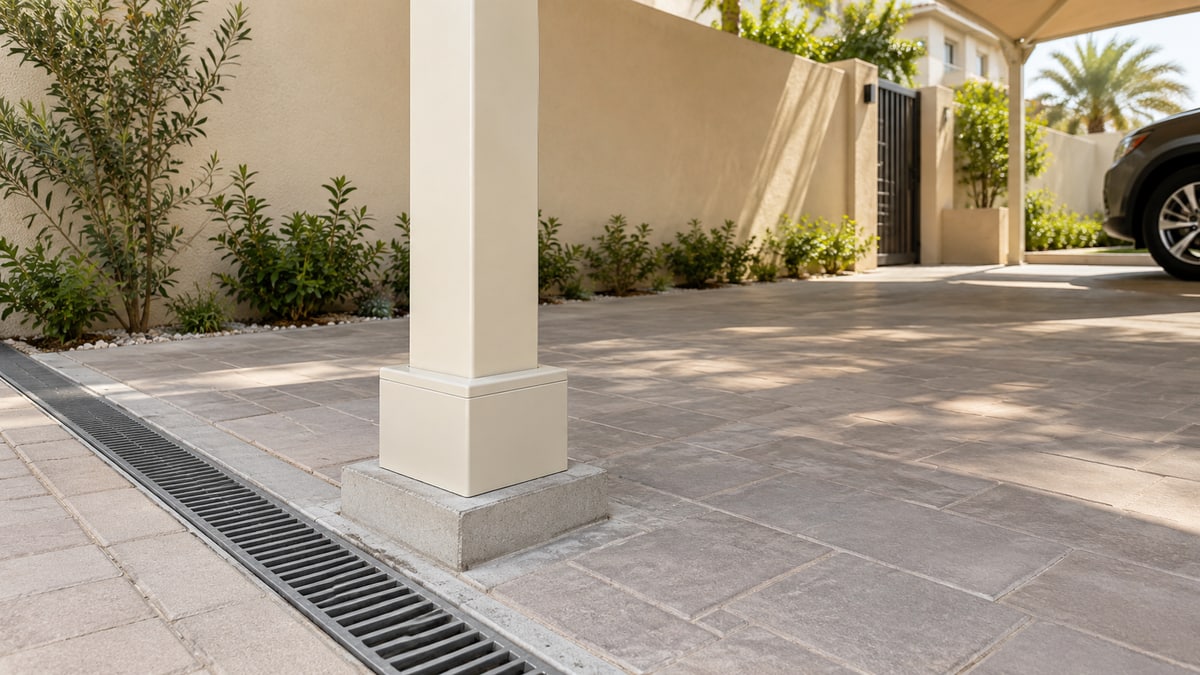Ivory carport support with a covered base beside reinstated paving and a separate linear drain