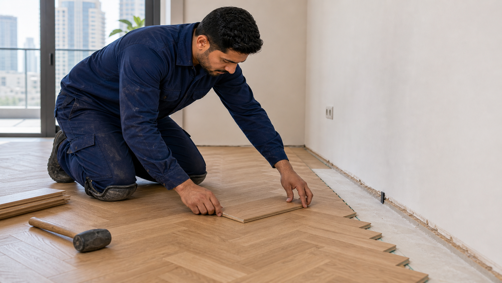 male flooring technician checking parquet pattern alignment and expansion gap in Dubai