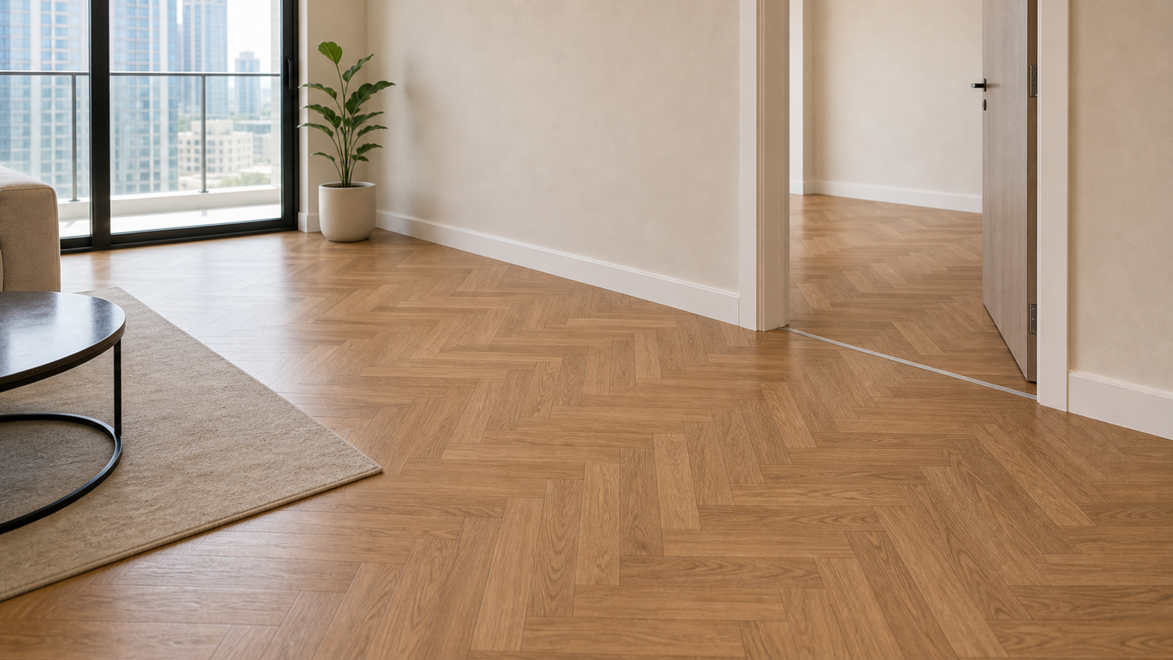 finished herringbone parquet floor with clean skirting in a Dubai home