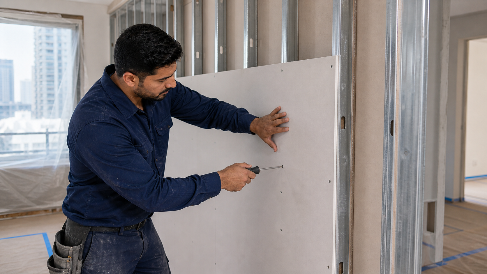 male technician checking gypsum partition board alignment before jointing in Dubai
