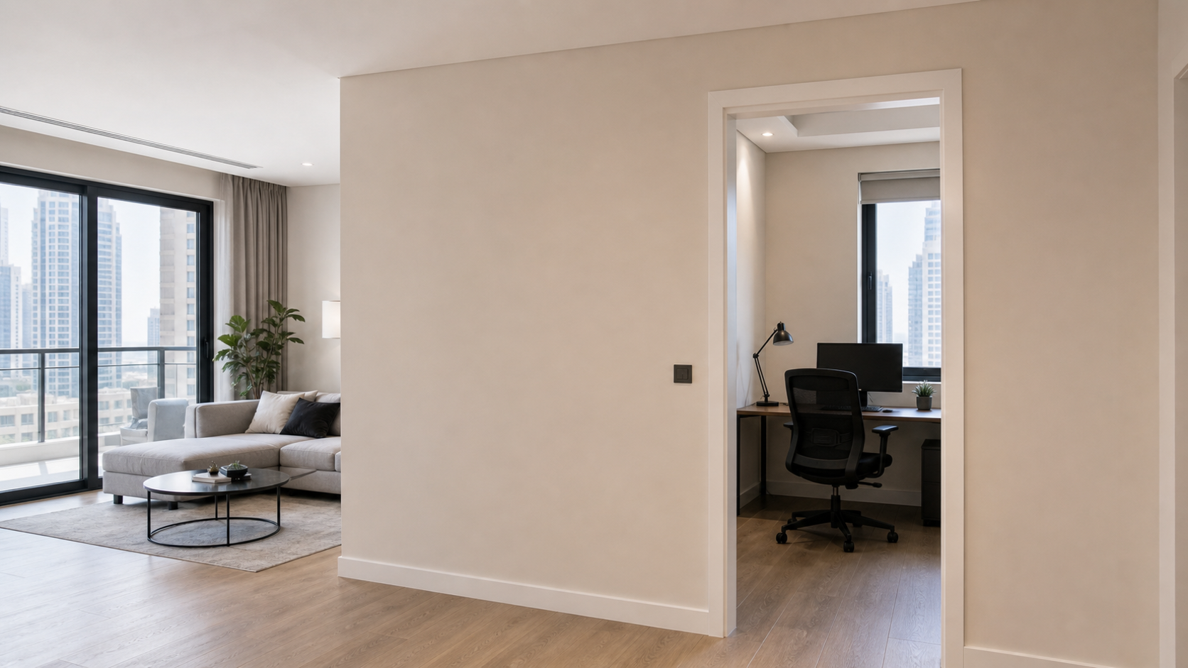 finished painted partition wall with door opening in a Dubai home office