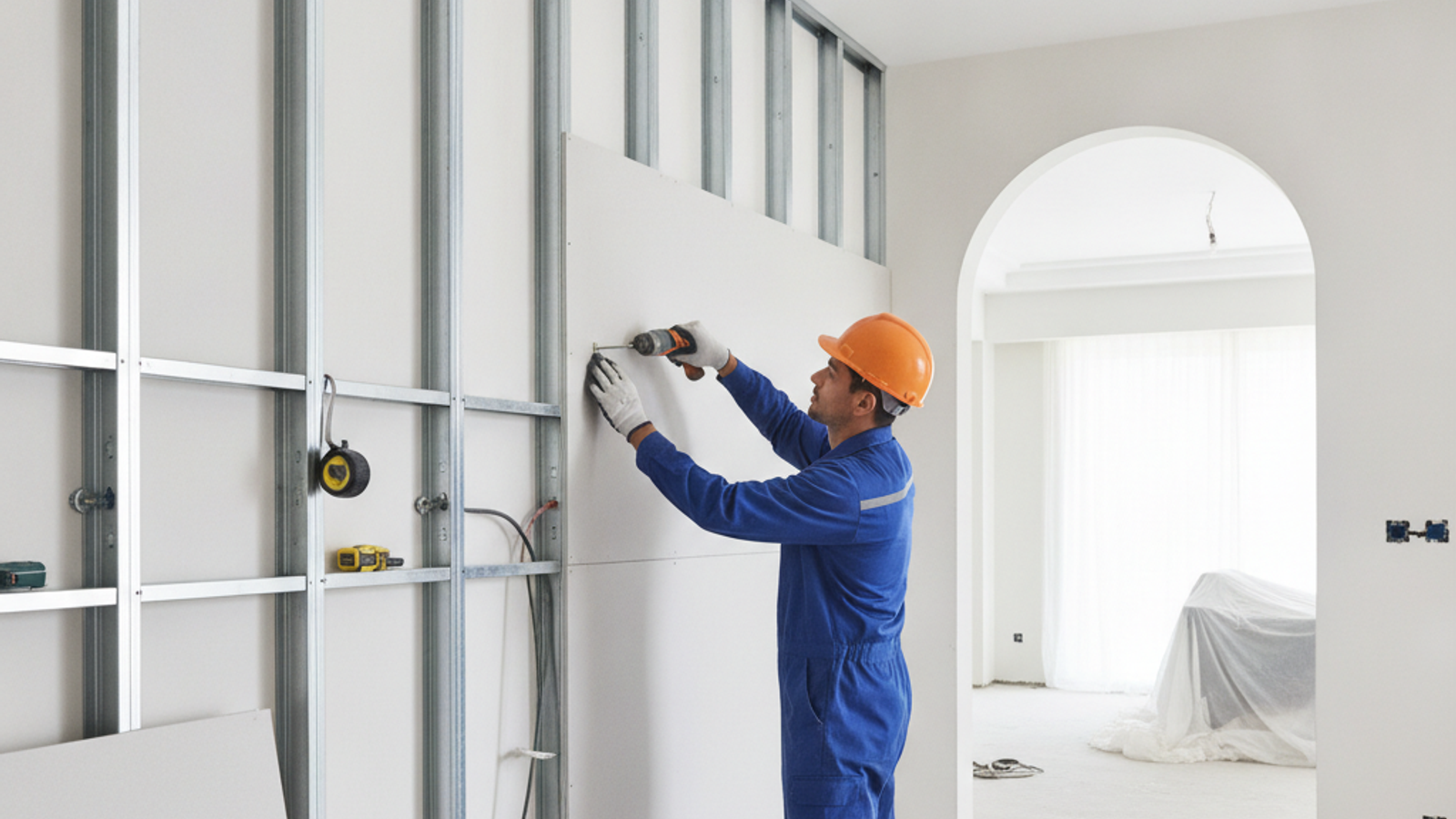 installer fixing metal studs for a partition wall in a Dubai apartment