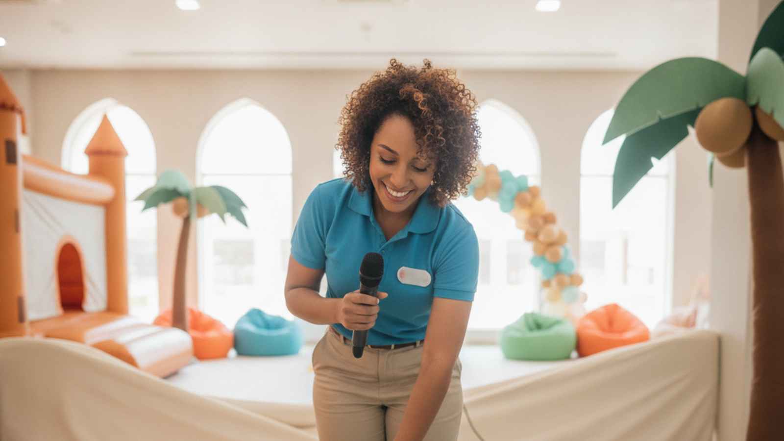 kids party host arranging games and microphone at a Dubai venue