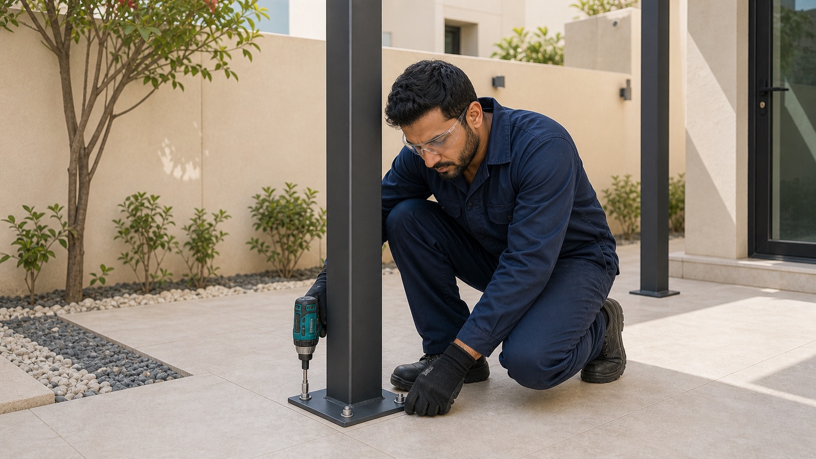 male pergola installer securing an aluminium base plate to a Dubai villa patio