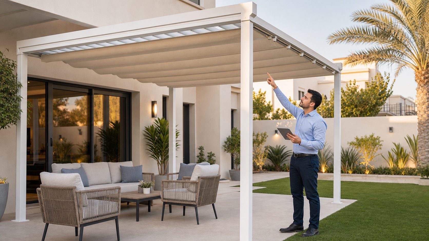 male site supervisor inspecting a finished retractable pergola in a Dubai villa garden