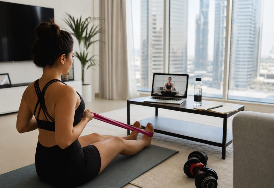 Online personal trainer Dubai session in an apartment living room with resistance band workout