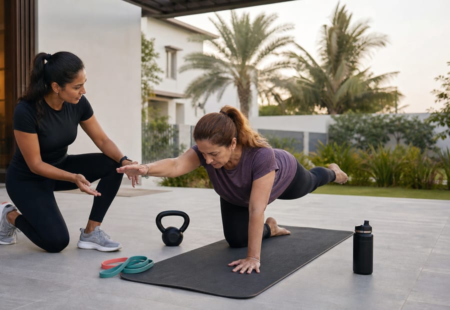 Female personal trainer coaching a home PT session on a Dubai villa terrace
