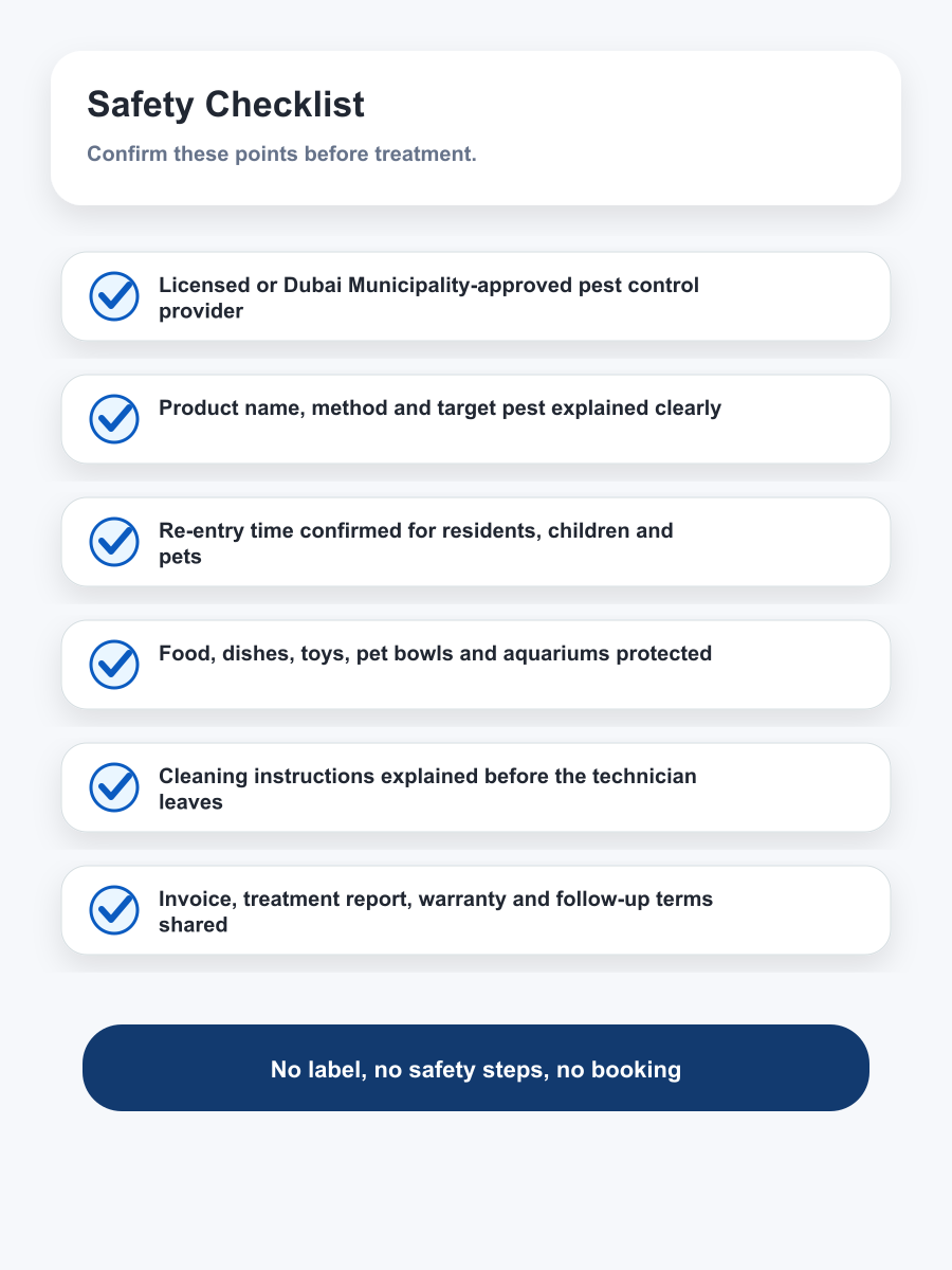 Pest control Dubai safety checklist for licensed company re-entry time children pets food areas and written report