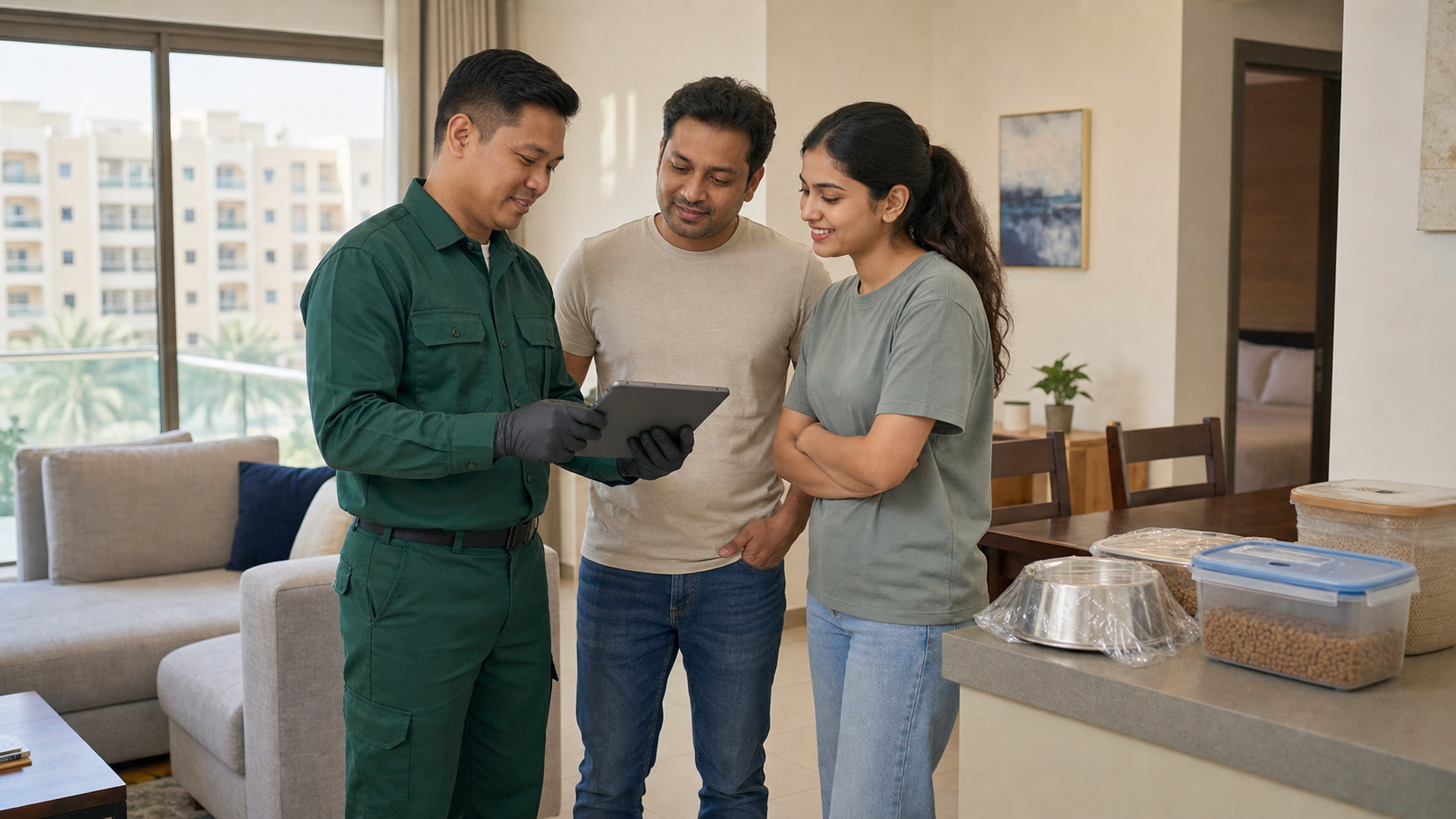 Sharjah resident and pest control technician reviewing safety steps before treatment