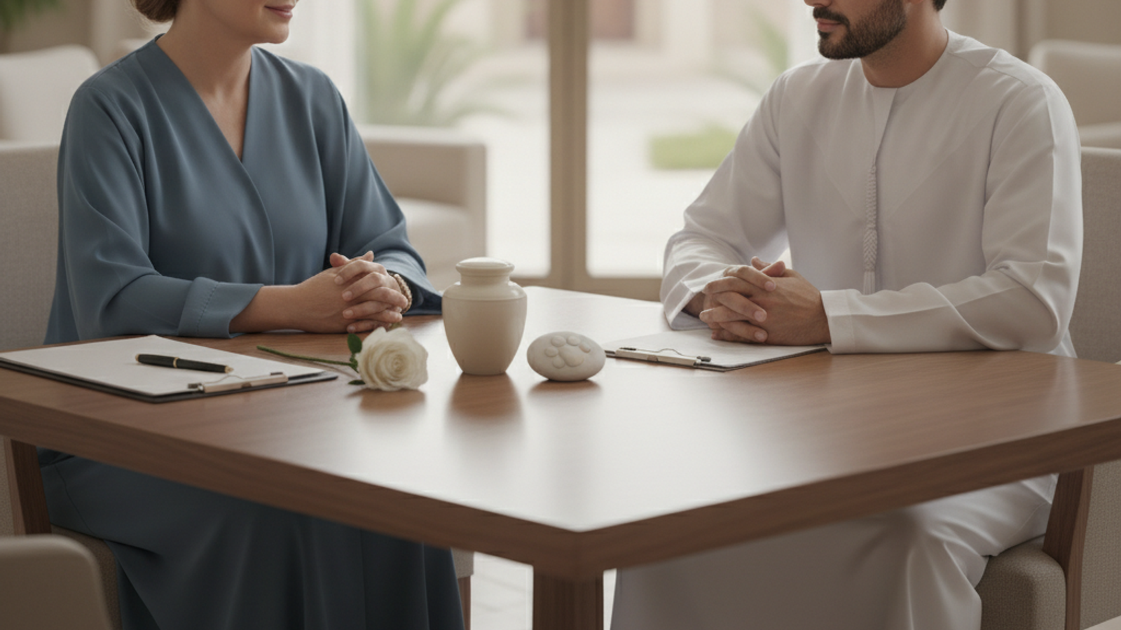 respectful pet memorial arrangement consultation in Dubai with a plain urn and keepsake