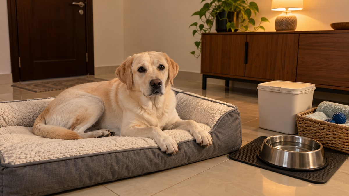 Dog resting on its bed beside a water bowl and prepared care supplies in the evening