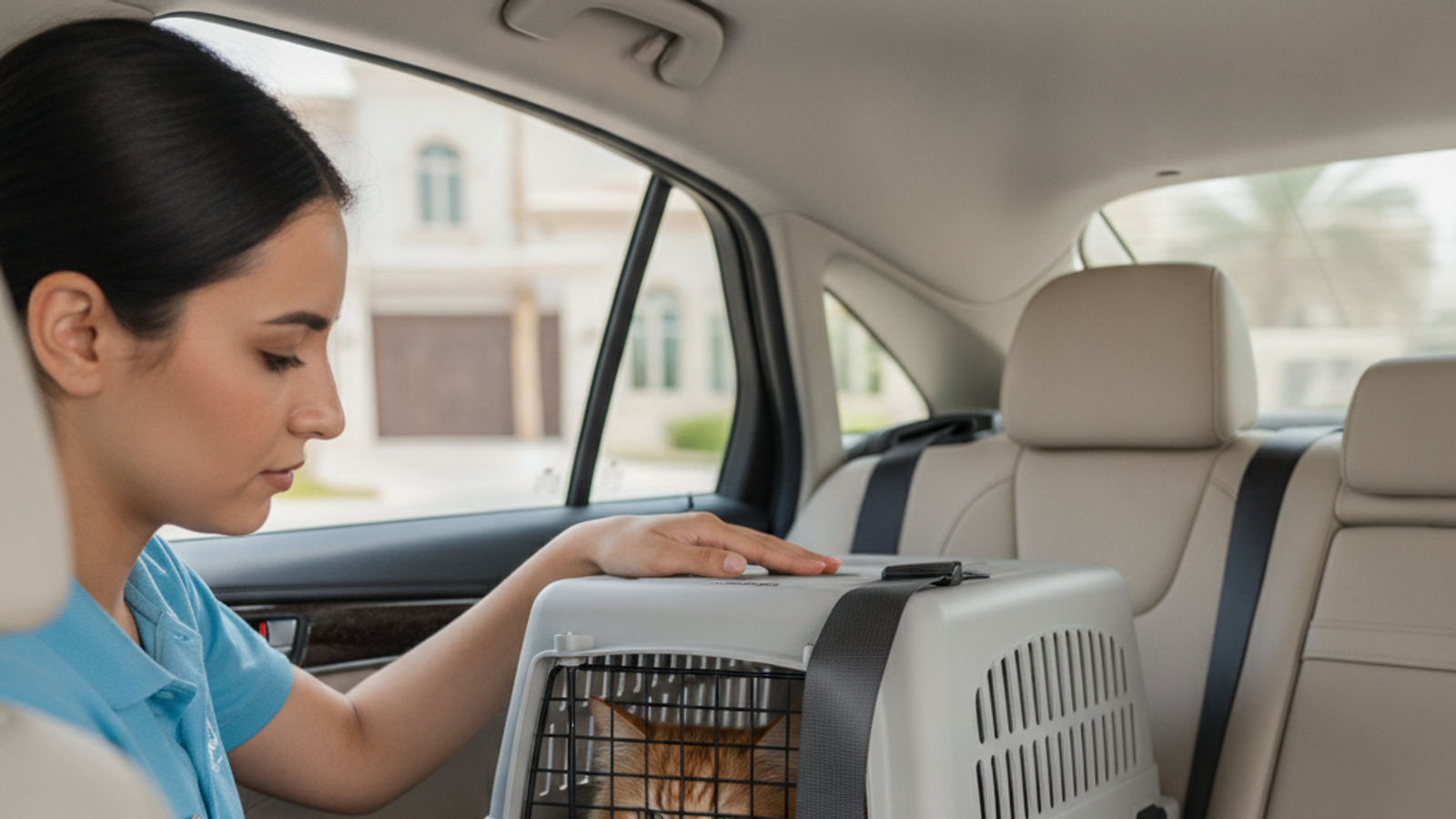 pet taxi driver securing a pet carrier in a Dubai vehicle