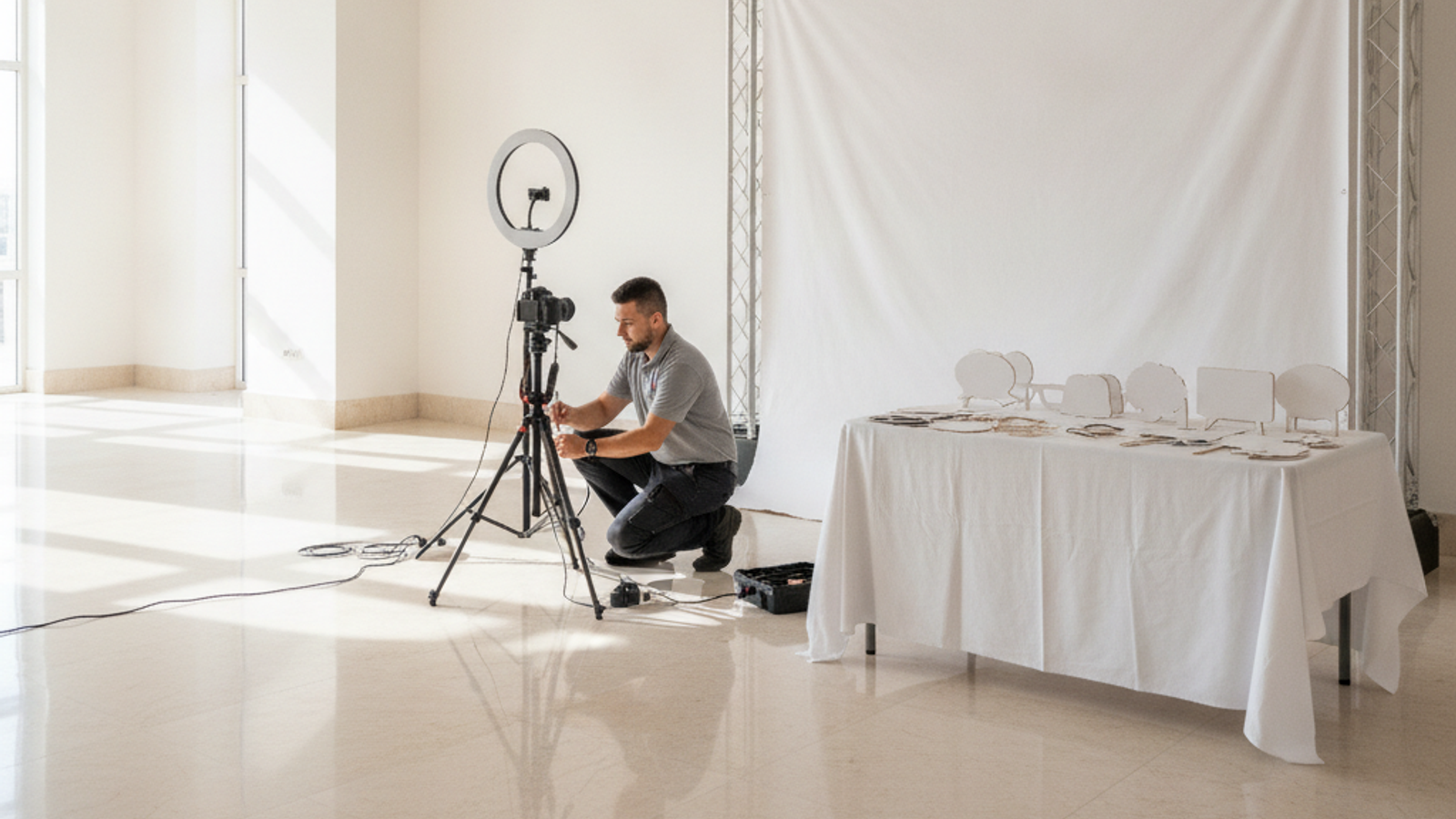 photo booth technician setting up booth for Dubai event