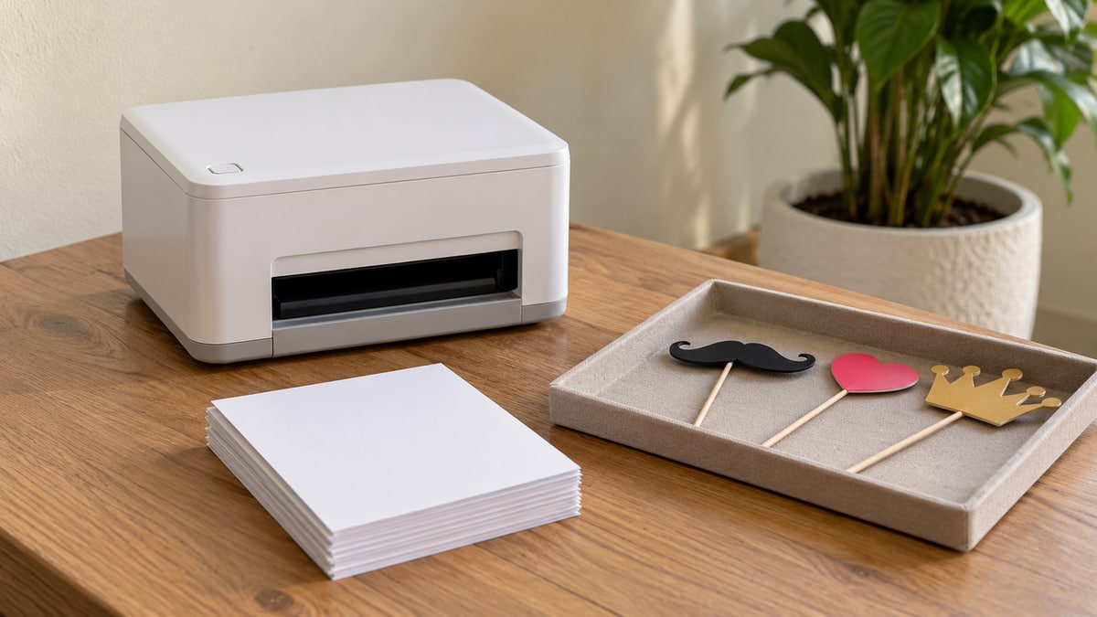 Compact photo printer, blank-backed prints and simple party props on a table.