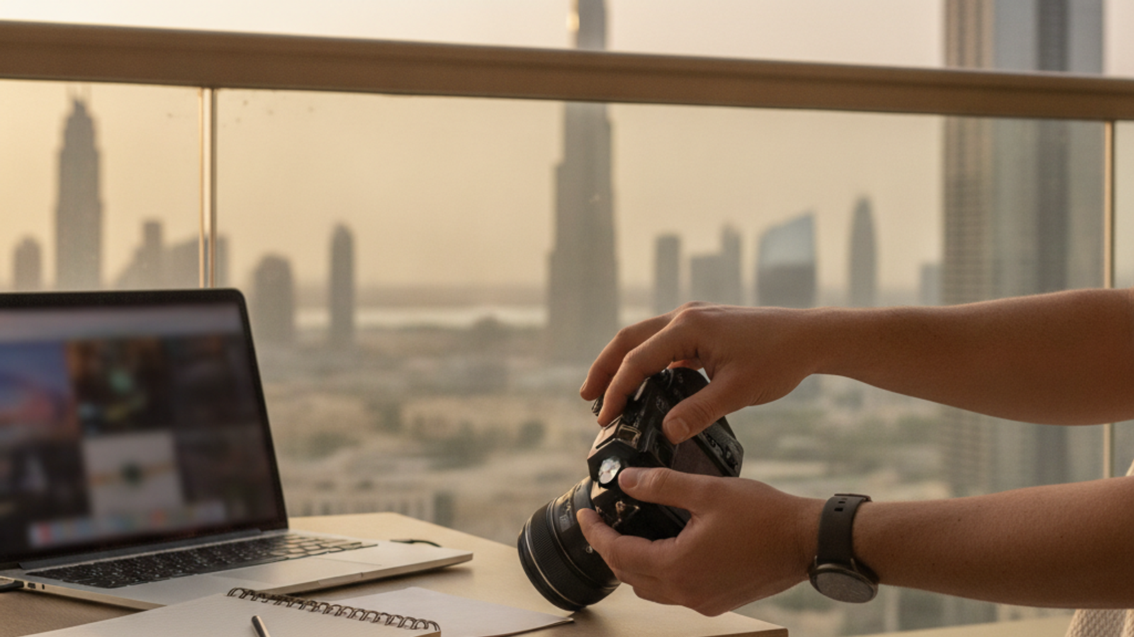 photography teacher demonstrating camera settings in Dubai
