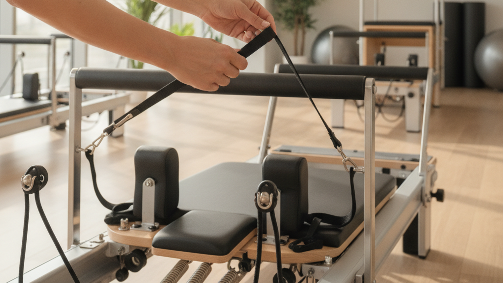 Pilates instructor preparing reformer or mat for Dubai session