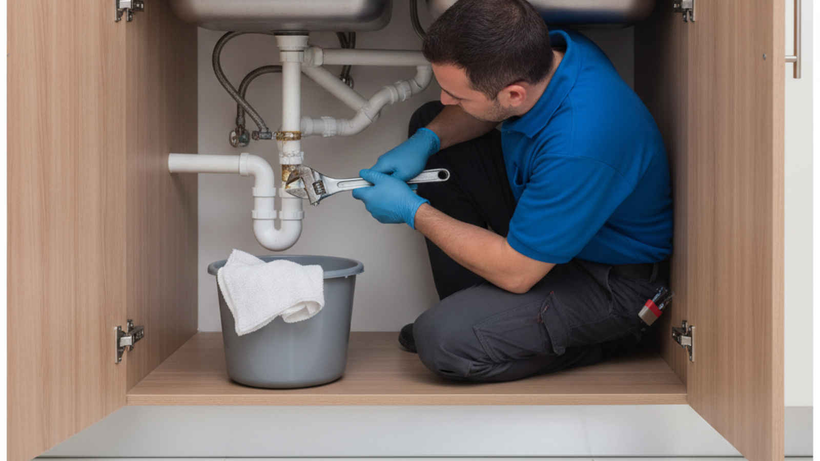 plumber repairing an under sink pipe leak in a Dubai kitchen