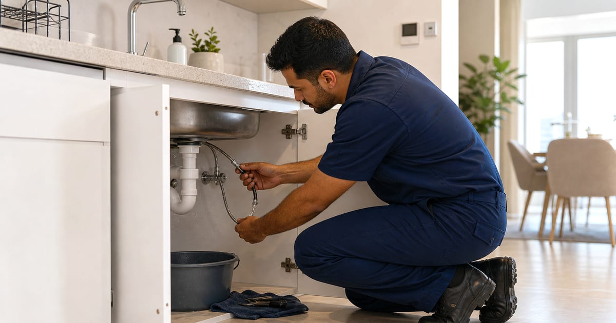 plumber checking an under sink pipe leak in a Dubai home