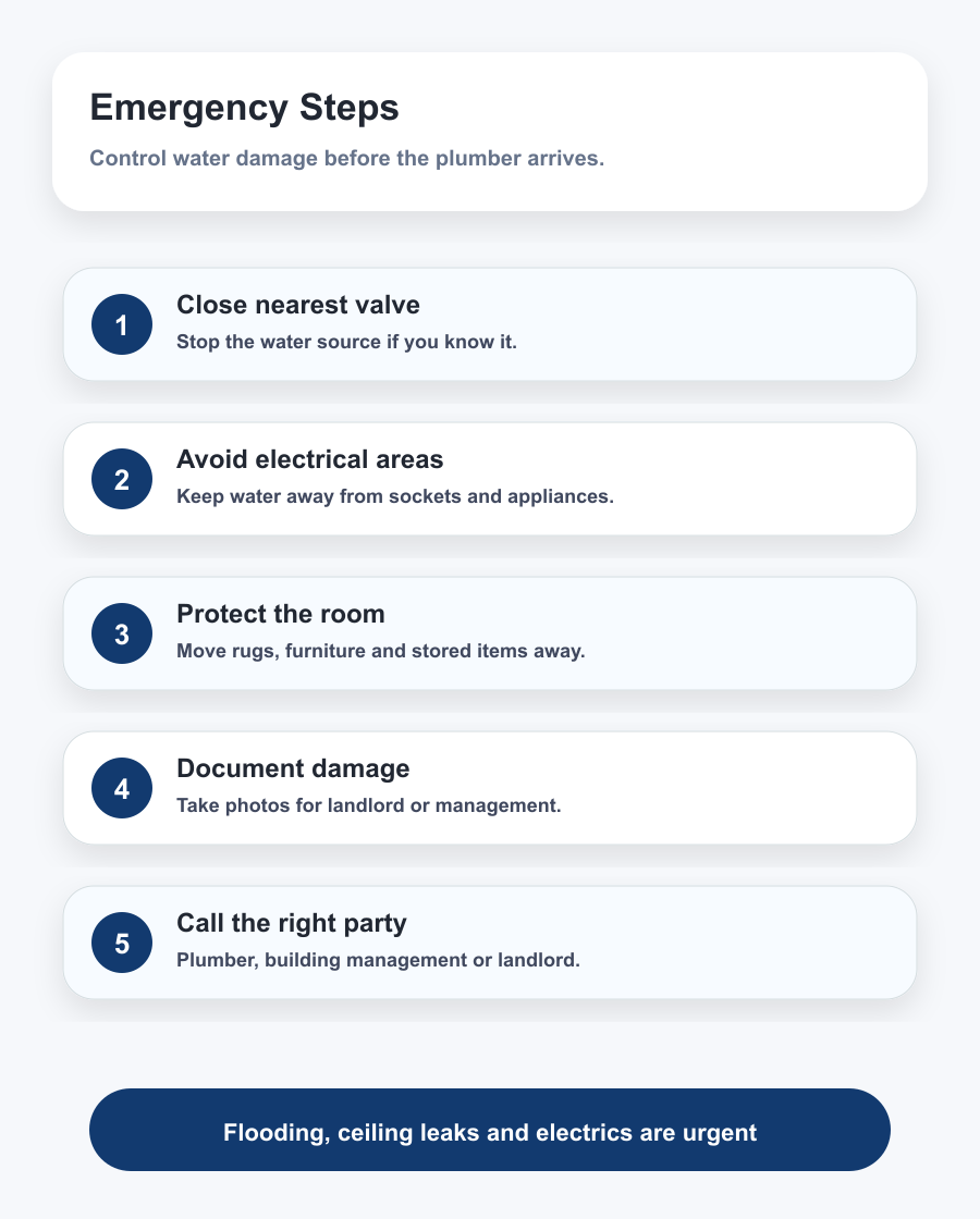 Emergency plumbing Dubai steps for shutting water moving items avoiding electricity taking photos and calling building management
