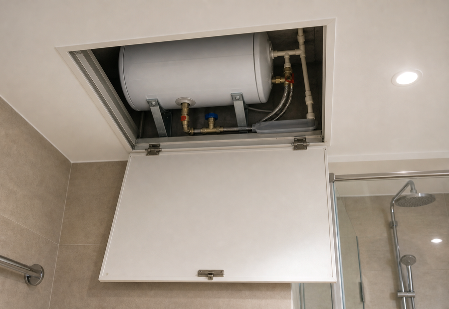 Dubai apartment water heater above a fully open bathroom false ceiling access panel