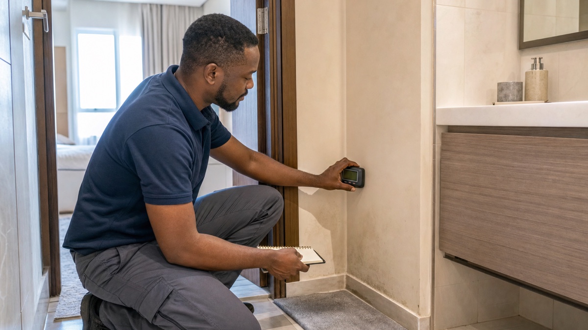 Technician using a moisture meter on an intact wall beside a Sharjah apartment bathroom