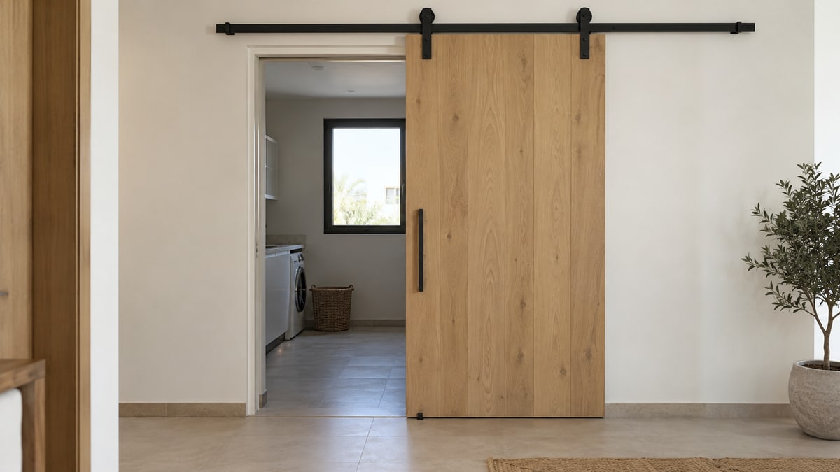 Oak surface-mounted sliding door on an exposed black rail beside a utility room