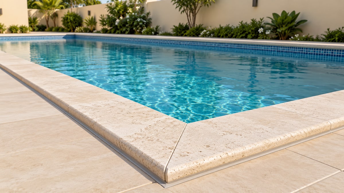 Stone coping around a rectangular pool corner with a separate adjoining deck