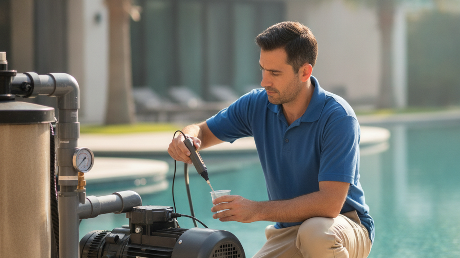 pool technician repairing pump and filter equipment in Dubai