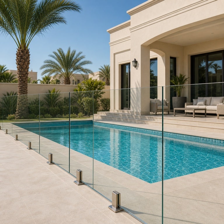 Glass pool-barrier panels fixed to paving beside a villa swimming pool