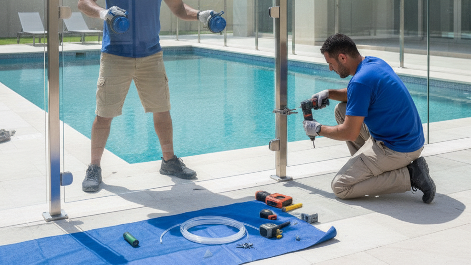 technicians installing a glass pool safety fence at a Dubai villa