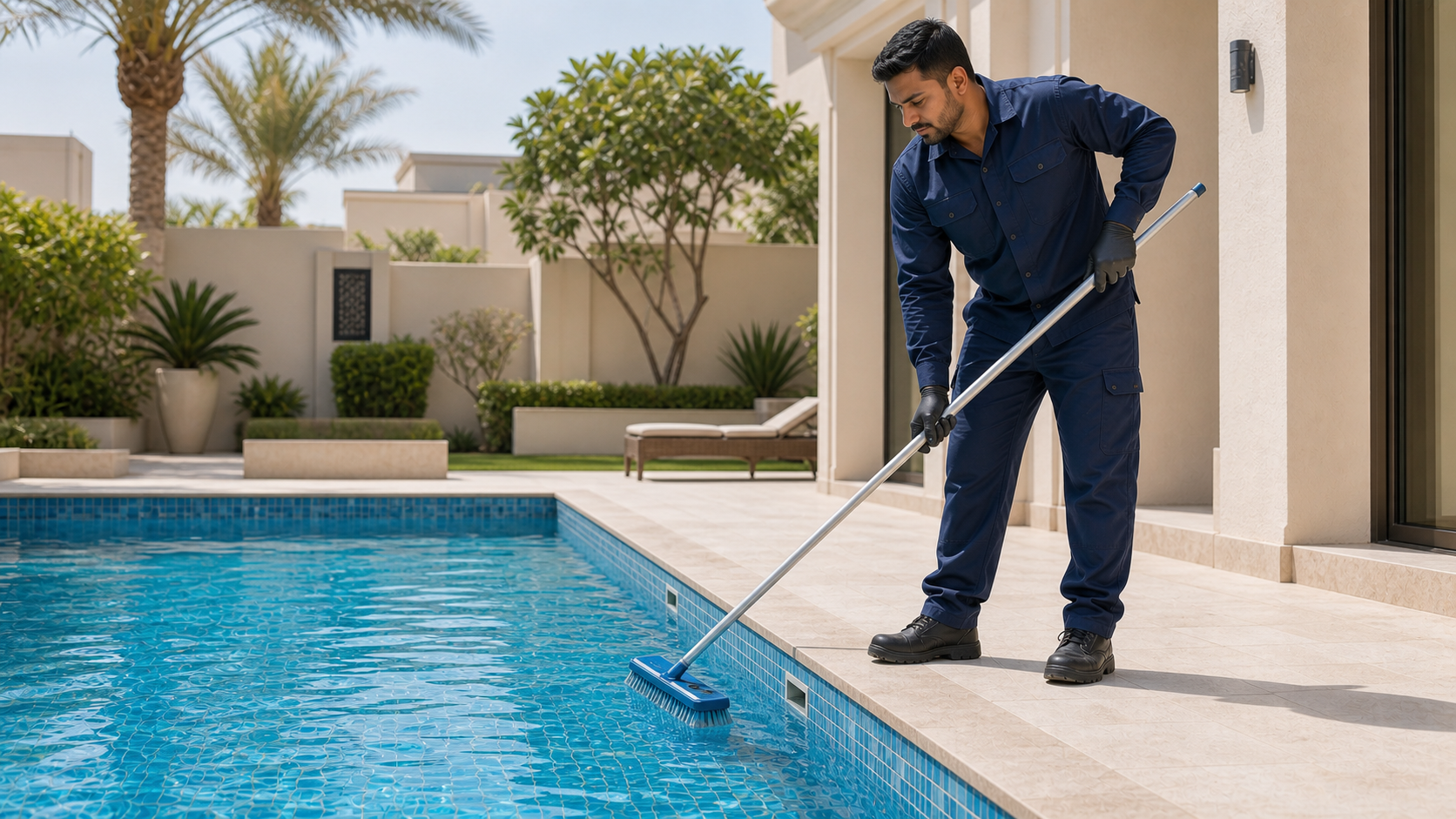male pool technician brushing a residential villa swimming pool in Dubai