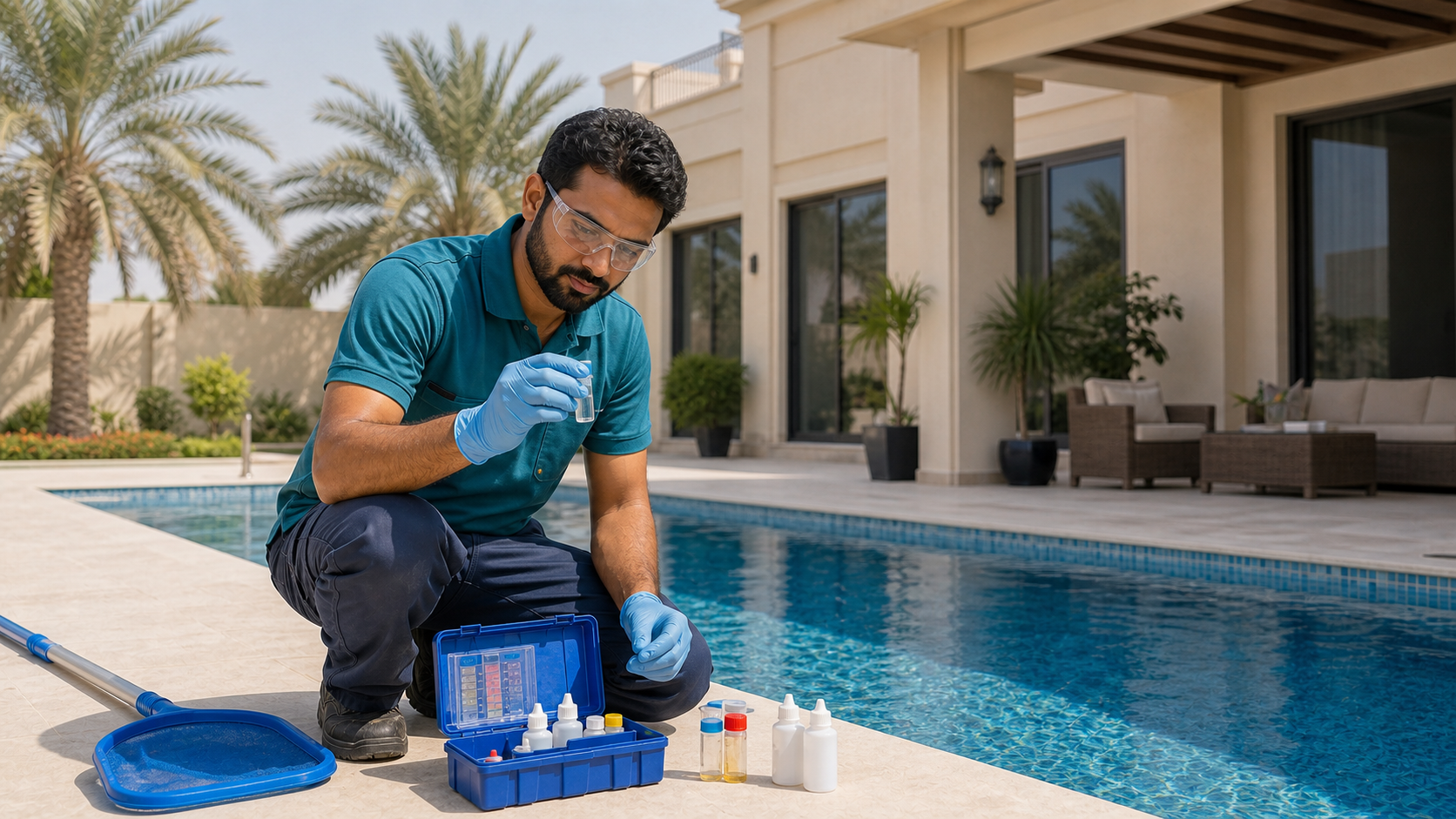 pool technician testing villa pool water in Dubai