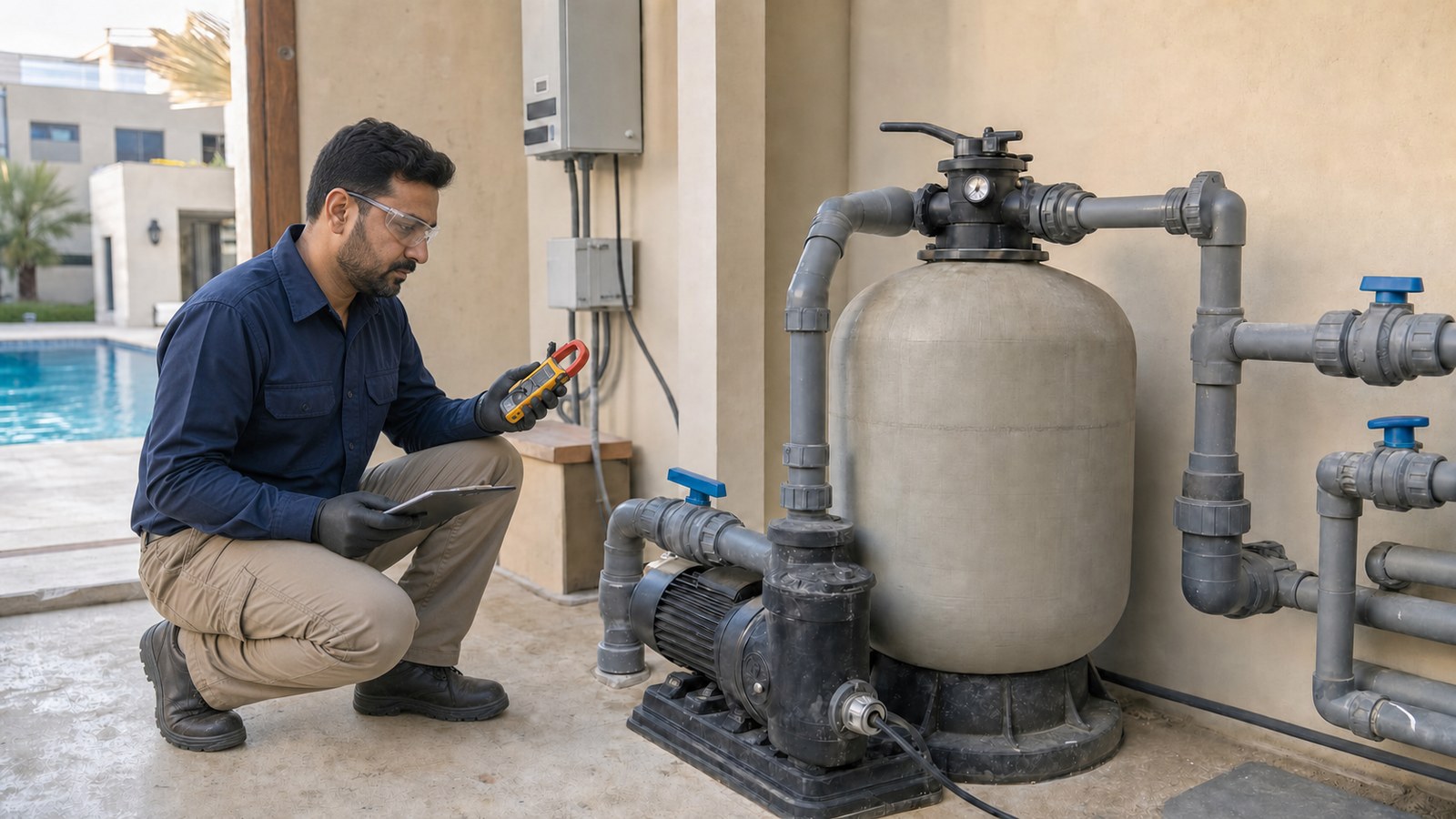 Technician assessing a pool pump, sand filter and pipework at a Dubai villa