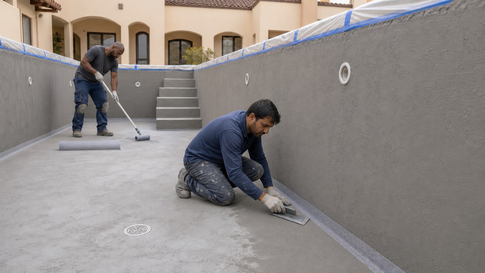 Pool technician applying reinforcement and waterproofing at a wall-to-floor junction