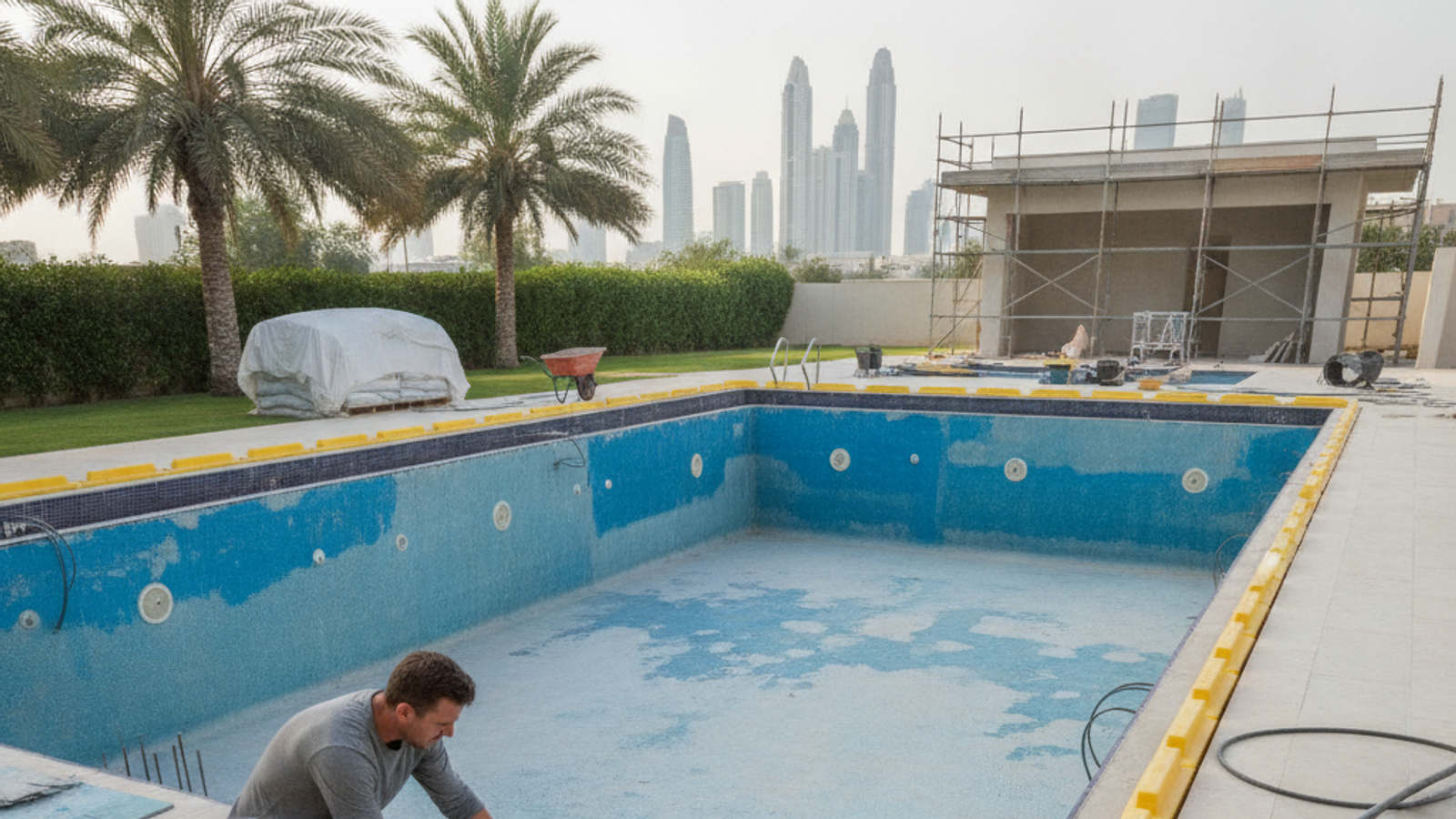 contractor reviewing tile and waterproofing during a Dubai pool renovation