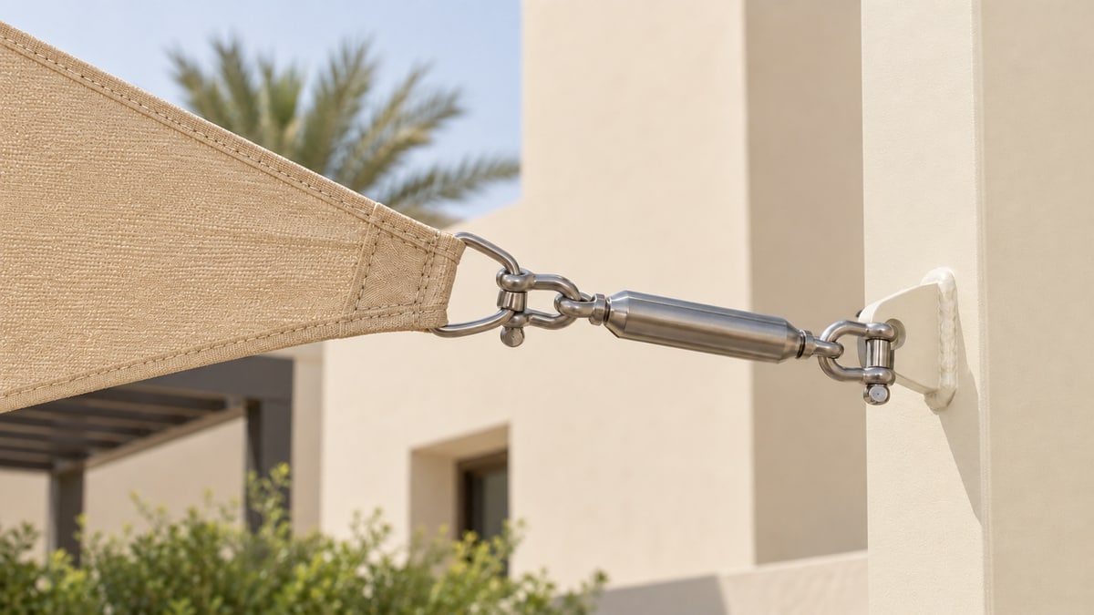 Reinforced shade-sail corner connected by stainless fittings to an ivory support post