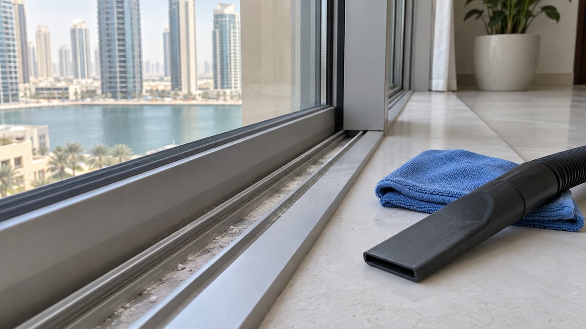 Fine renovation dust in a straight aluminium window track beside a vacuum nozzle and microfiber cloth
