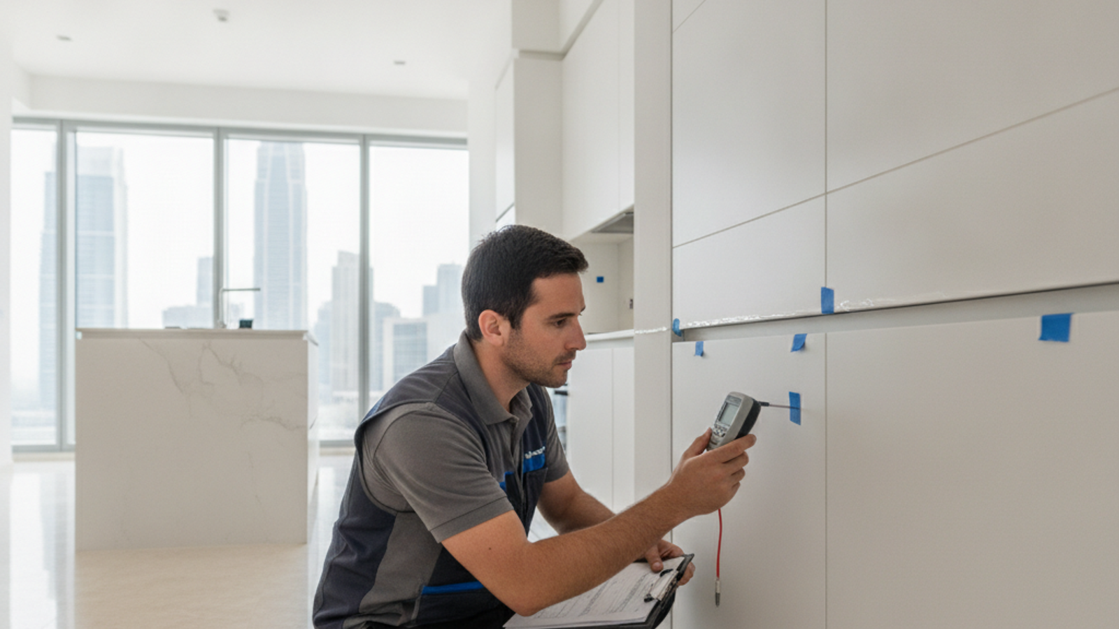 inspector checking renovation finish quality in a Dubai apartment