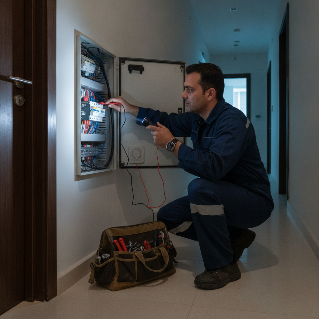 electrician diagnosing a residential breaker panel during a Dubai apartment power outage