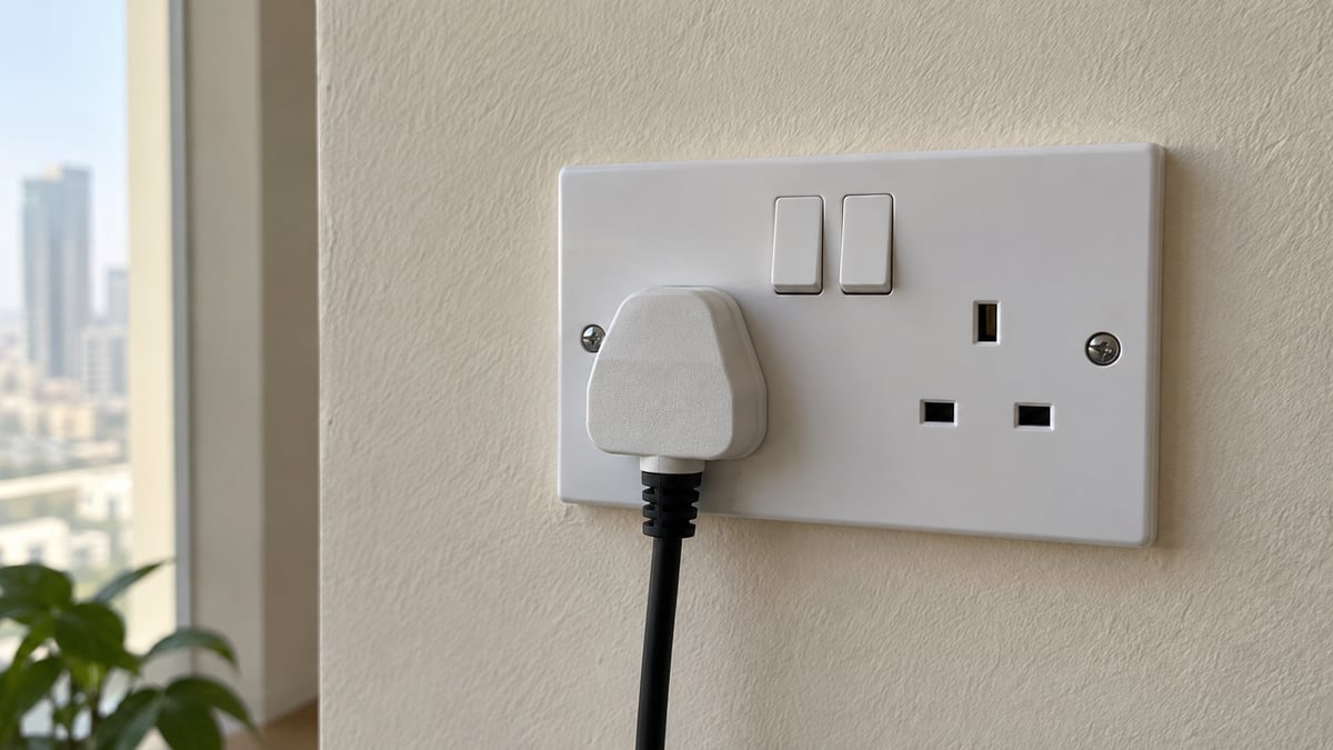 Fully seated appliance plug in a switched Type G double wall socket